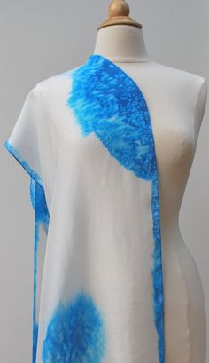 Blue and white hand painted silk scarf. OOAK. Artistic White Silk Scarves, Artistic Hand Painted White Scarf, Artistic Hand-painted White Scarf, Artistic Hand Painted White Scarves, Artistic White Silk Scarf For Summer, White Handmade Artistic Silk Scarf, Artistic White Handmade Silk Scarf, Artistic Handmade White Silk Scarf, White Hand Painted Silk Scarf Gift