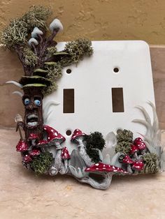 this one of a kind light switch cover is metal Cottagecore Room Ideas, Mushroom Room Decor, Mushroom Stuff, Light Switch Covers Diy, Casa Disney, Fairy Bedroom, Mushroom Crafts, Art Light, Cozy Room Decor