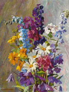 a painting of colorful flowers in a vase