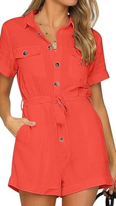 Rompers & Jumpsuits // Show off your gorgeous style wearing this cherry red short sleeves button down belted romper.