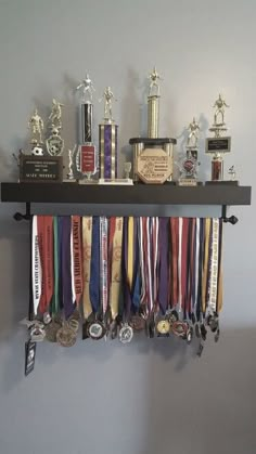 a shelf with many medals and trophies on it