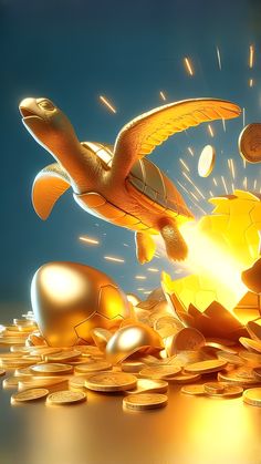 a bird flying over a pile of gold coins and other golden items in front of it