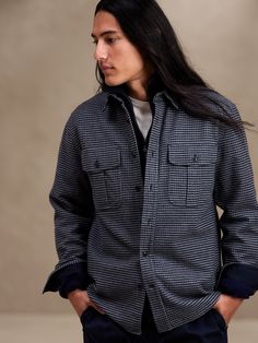 Move through the season in considerable coziness with this heavy flannel shirt jacket crafted of 100% cotton, a sumptuously soft texture when snowflakes begin to make an appearance.  Spread collar with button-front closure.  Chest pockets.  Shirttail Soft Texture, Flannel Shirt, Shirt Jacket, Banana Republic, Plaid, Texture, Collar, Navy, Women's Top