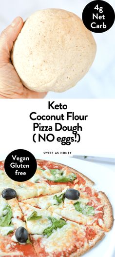 a person holding up a pizza with toppings on it and the words keto coconut flour pizza dough no egg