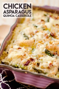 chicken asparagus quiche casserole in a purple dish