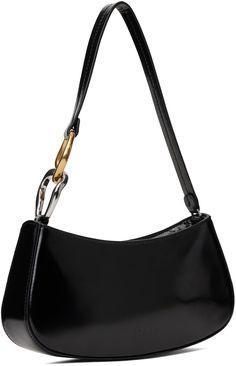 Polished leather shoulder bag in black. · Curb chain hardware at fixed shoulder strap · Logo embossed at face · Zip closure · Zip pocket at interior · Card slot at interior · Suede lining · Silver- and gold-tone hardware · H4.5 x W9.5 x D2 Supplier color: Black Curb Chain, Embossed Logo, Leather Shoulder Bag, The Face, Zip Pockets, Shoulder Strap, Gold Tones, Black Leather, Shoulder Bag