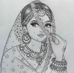 a drawing of a woman with jewelry on her face and hands in front of her face