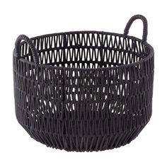 a black wicker basket with handles is shown on a white background for use as a decoration