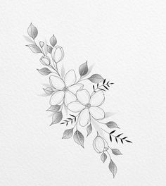 a black and white drawing of flowers with leaves