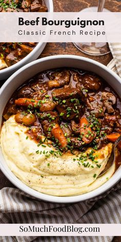 two bowls filled with mashed potatoes and beef stew on top of a wooden table