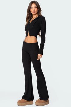 Desiree Knitted Low Rise Fold Over Pants – edikted Stretch Knit High-waisted Pants, Fitted Knit Bottoms With Elastic Waistband, Fitted Sweatpants With Ribbed Waistband For Fall, Fitted Knit Bottoms For Fall, Fitted High Waist Sweatpants For Fall, Casual High Stretch Ribbed Pants, Winter Loungewear High Stretch Bottoms, Fitted Knit Casual Sets, Casual Winter Elastane Pants