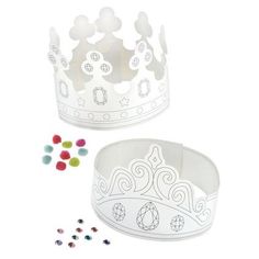 two paper crowns with candy in them on a white background, one is cut out and the other has colored candies