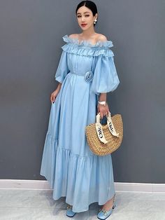 41479330791485 High Fashion Trends, African Fabric Dress, Inspired Aesthetic, Bubble Sleeve, Sleeve Midi Dress, Midi Dress With Sleeves, Blue Midi Dress, Shoulder Design, African Fabric