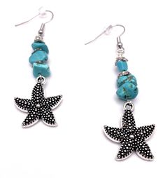 Beautiful, Antique silver starfish dangle earrings.  Turquoise stone really gives it a beachy coastal feel.  Light weight, yet sturdy, these will make a great gift or keep as a gift for yourself!  I take great care and pride in each piece that I create, I hand make each piece myself!  And as always, FREE domestic SHIPPING and FREE GIFT WRAP! Turquoise Jewelry With Starfish Charm For Vacation, Ocean-inspired Star Earrings For The Beach, Ocean-inspired Star Earrings For Beach, Star-shaped Ocean-inspired Earrings For Beach, Bohemian Star-shaped Jewelry For Vacation, Beachy Turquoise Starfish Jewelry, Starfish Charm Drop Earrings For The Beach, Silver Starfish Earrings For Summer, Star-shaped Summer Beach Earrings