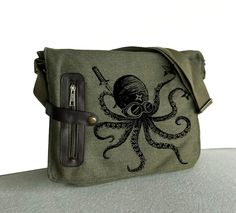 Steampunk Ninja, Messanger Bag, Octopus Design, Small Laptop, Fish In A Bag, Vintage Fishing, Hand Screen Printed, Messenger Bag Backpack, Khaki Green