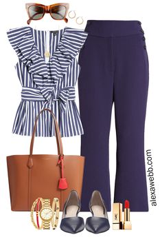 Plus Size Halogen x Atlantic-Pacific Outfit Ideas - Plus Size Work Outfit with a Striped Navy and White Top, Navy Crop Pants, Wedge Heels, and a Leather Tote Bag - Alexa Webb #plussize #alexawebb Curvy Work Outfit, Hourglass Outfits, Plus Zise, Career Outfits, Teacher Clothes, Womens Outfits, Atlantic Pacific, Plus Size Work