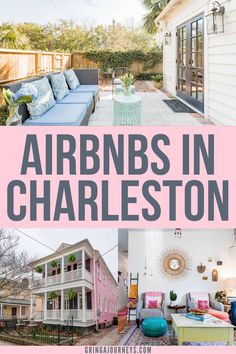 an outdoor living area with pink and blue furniture