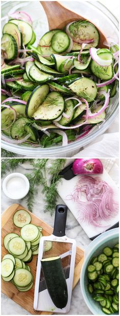 sliced cucumbers and onions on a cutting board