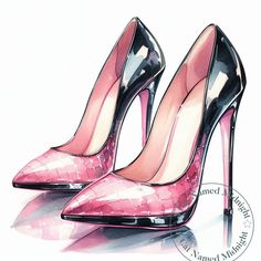 a watercolor painting of two pink high heeled shoes