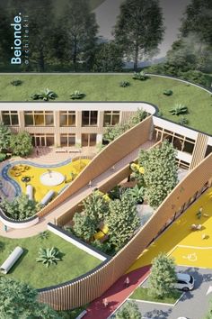 Pin focuses on kindergarten building architecture. Image shows a modern kindergarten with green roof. Kindergarten Building, Classroom Architecture, Elementary School Architecture, Modern Exterior Design, Sustainable Building Design, Sustainable Schools, Building Design Plan, Architecture Design Process