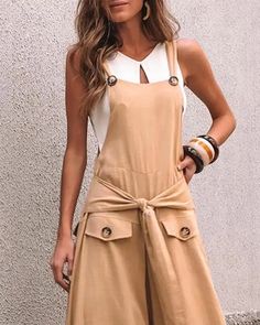 Lasaky - Jumpsuit with flowing tied straps decorated with buttons Suspender Jumpsuit, Casual Rompers, India And Pakistan, Jumpsuit Fashion, Square Neck, Jumpsuits For Women, Wide Leg Pants, Sleeve Styles, Harajuku