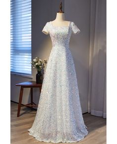 Buy full sequined long evening party dress with square neckline at cheap price online. Free stable shipping and pro custom service since 2009. Ballgown With Sleeves, Short Sleeve Prom Dress, Short Sleeve Prom Dresses, Sleeve Prom Dress, Dress With Square Neckline, Sequin Prom Dress, Blue Tulle, Long Sleeve Evening Dresses, Satin Prom Dress