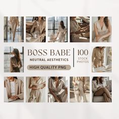 various photos of women in beige clothing and white shoes, with the caption boss babe 100 neutral aesthetics high quality png