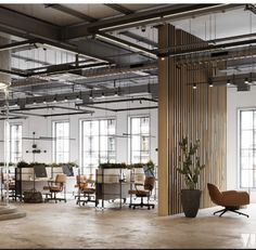 an empty office with chairs and desks