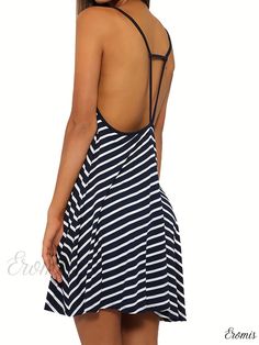 Eromis - Womens Striped Backless Cami Dress: Elegant Plunging V-neck Spaghetti Strap Dress, Fashionable and Alluring Beach V-neck Dress With Delicate Straps, V-neck Sundress With Delicate Straps For Vacation, Beach Dress With Delicate Straps And V-neck, Beach Cami Sundress With Delicate Straps, Delicate Straps Cami Sundress For Beach, Delicate Cami Sundress For The Beach, Cami Sundress With Delicate Straps For Beach, Beachwear Dresses With Built-in Bra And V-neck, V-neck Beachwear Dress With Built-in Bra