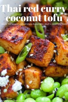 the cover of thai red curry coconut tofu is shown with green peas and sesame seeds