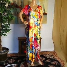 I Love This Print, Especially The Birds! Easy Wear, Easy Care. Works As A Beach Cover Up, Too, Or A Nightgown - Whatever You Want. Short Sleeves With Raw Edges, Hemmed On The Bottom, With Side Slits. Generous Fit. Vibrant Short Sleeve Maxi Dress For The Beach, Vibrant Short Sleeve Maxi Dress For Beach, Vibrant Short Sleeve Maxi Dress With Floral Print, Summer Dresses With Rainbow Print For Vacation, Colorful Fun Vacation Dress, Multicolor Print Maxi Dress With Short Sleeves, Colorful Short Sleeve Maxi Dress For Beach, Vibrant Short Sleeve Maxi Dress For Vacation, Colorful Short Sleeve Dress With Vibrant Print