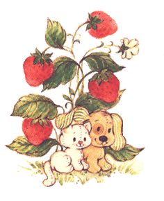 two teddy bears are sitting next to a strawberry plant with strawberries on the stems