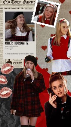 the collage shows two women in school uniforms and one is talking on her cell phone