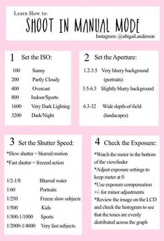 a pink poster with instructions for how to shoot in manual mode on the front and back