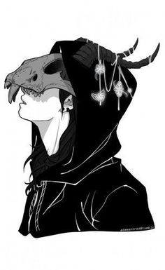 a drawing of a person wearing a hoodie with horns hanging from it's back