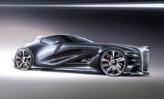 an artistic rendering of a sports car in grey and black colors with red rims