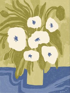 a painting of white flowers in a vase on a blue and yellow background with water