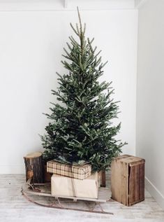 a small christmas tree sitting on top of a wooden sled next to a box