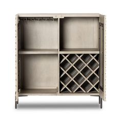 a wooden cabinet with wine bottles in it