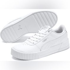 Taking Its Design Cues From The '80s, This Classic Tennis Silhouette Feels Right At Home With The Laid-Back Sneaker Style Of Californian Beach Towns. Enhanced Platform: New Tooling With An Elevated Platform Sole. High-Quality Construction: This Shoe Contains A Premium Leather Upper. Minimal And Timeless: This Shoe Makes A Stylish Statement With Subtle Puma Branding. Wider Lines On The Heel And Perforations On The Vamp Bring Added Edge. With Softfoam+ Sockliner To Provide Soft Cushioning And Comf Puma Carina Sneakers, White Pumas, Puma Carina, Puma Cali, White Puma, Puma Women, Pumas Shoes, Puma Platform Sneakers, Trainers Women