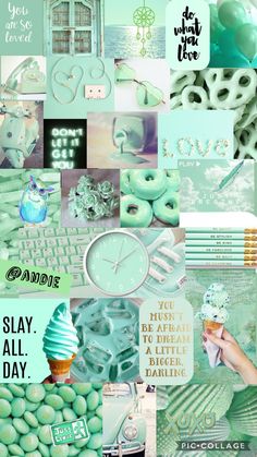 a collage of green and white items with the words slay all day written on them