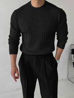 Men's Casual Solid Color Cable Knit Sweater, Spring Autumn Black Casual  Long Sleeve Fabric Plain Pullovers Slight Stretch  Men Clothing, size features are:Bust: ,Length: ,Sleeve Length: Sweater And Dress Pants Men, Male Cardigan Outfit Aesthetic, Timeless Minimalist Fashion, Men Quiet Luxury Outfit, Men’s Knit Sweater, Comfortable Outfits Men, Black Sweater Outfit Men, Black Sweater Men, Black Sweater Outfit