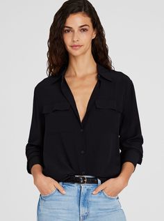 Chest pockets lend a utilitarian look and feel to the classic button-down shirt while gorgeous silk keeps it sleek. We love this one paired back to a slim skirt or tapered pants for chic contrast. Utility Shirt, Slim Skirt, Back Shoulder, Tapered Pants, Club Monaco, Silk Top, Wearing Black, Monaco, Shirts Tops