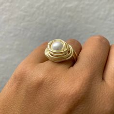 Gold Wire Wrapped Ring Pearl Ring Wire Wrapped Ring June | Etsy Elegant Adjustable Wire Wrapped Pearl Ring, Handmade Gold Pearl Promise Ring, Elegant Gold Hand Wrapped Rings, Gold Wire Wrapped Pearl Ring Gift, White Wire Wrapped Rings As Gift, Elegant Wire Wrapped Rings For Gifts, Elegant Wire Wrapped Ring As Gift, Elegant Wire Wrapped Ring For Gift, Gold Pearl Rings As A Gift