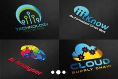 four different logos for technology company, including an umbrella and gears on the top one