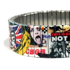 "Stretch bracelet representing the Punk Rock era. The art is \"baked\" into each bracelet making it very durable. Wrist-Art is made using a comfortable repurposed stainless steel watch band it will never rust and is generally considered hypoallergenic for most people. If you don't see your size in the preset list simply add the size of your wrist in the \"Notes\" section when you place your order. PLEASE NOTE: -The bracelet is more comfortable when it is a bit loose. -It will also stretch easily Cheap Punk Wristband For Concerts, Punk Bands, Steel Watch, Stainless Steel Watch, Long Beach, Italian Charm Bracelet, Stretch Bracelet, Punk Rock, Watch Band