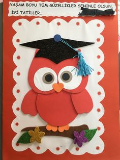 an owl wearing a graduation cap on top of a red and white paper with stars