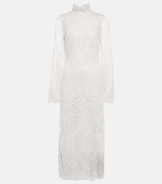 Bridal Borghese backless lace midi dress in white - Galvan | Mytheresa Embellished Clutch, Spring Knits, Midi Dress Style, Lace Midi, Lace Midi Dress, White Midi Dress, Sheer Sleeves, Embroidered Lace, Designing Women