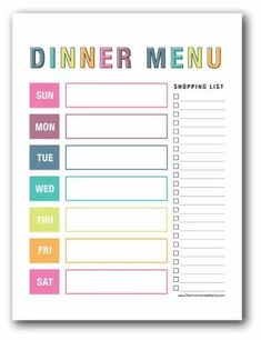 a printable dinner menu with the words,'dinner menu'in rainbow colors