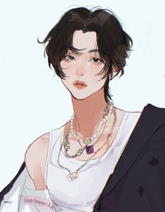 an anime character with black hair wearing a white tank top and necklaces on his neck